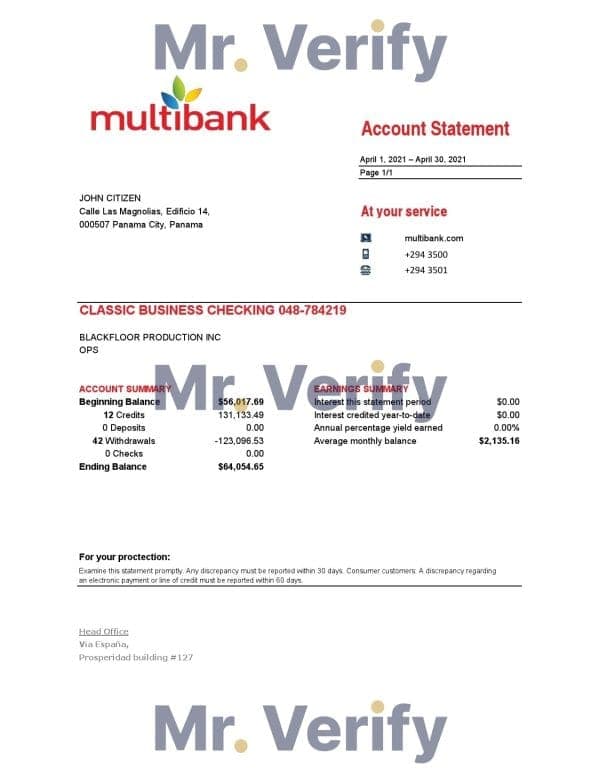 Panama Multibank bank statement easy to fill template in .xls and .pdf file format