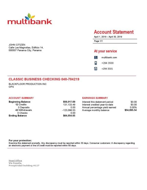 Panama Multibank proof of address bank statement template in Word and PDF format