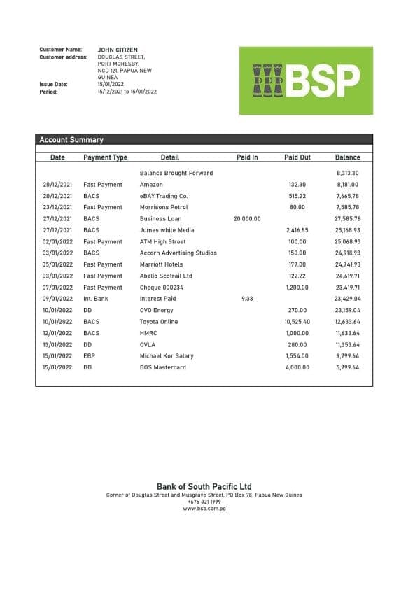 Papua New Guinea BSP bank statement template in Word and PDF format