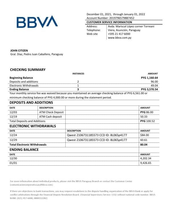 Paraguay BBVA bank statement template in Word and PDF format
