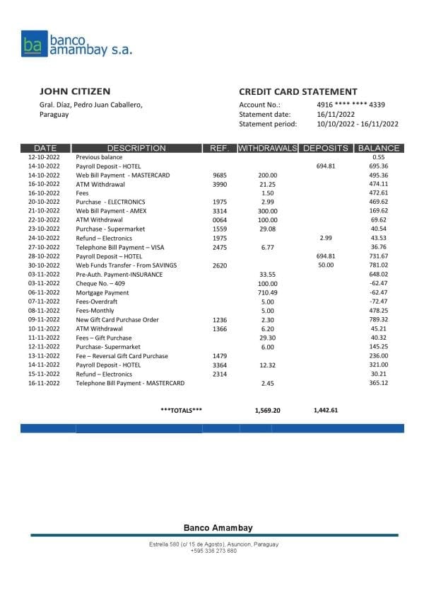 Paraguay Banco Amambay bank statement template in Word and PDF format