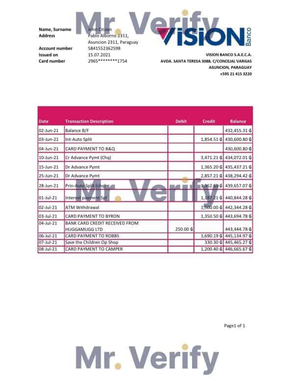 Paraguay Vision Banco bank statement easy to fill template in Excel and PDF format