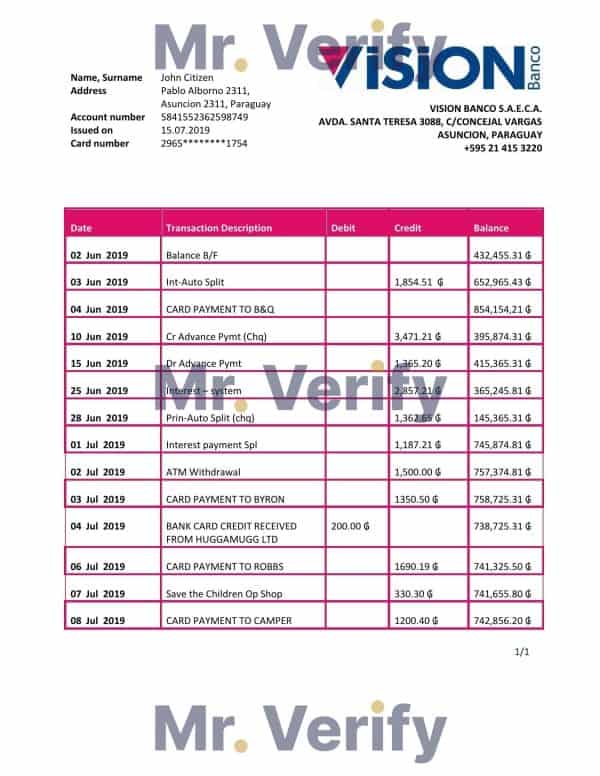 Paraguay Vision Banco bank statement template in Word and PDF format