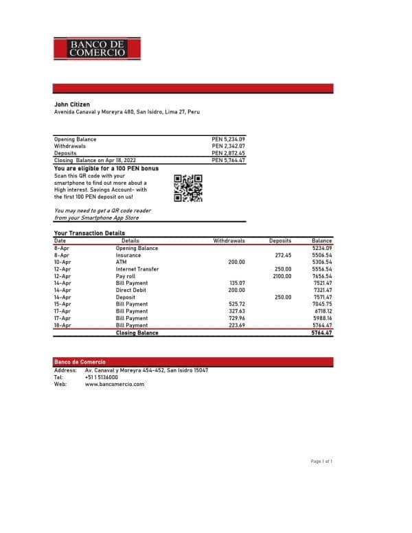 Peru Banco de Comercio bank statement Excel and PDF template