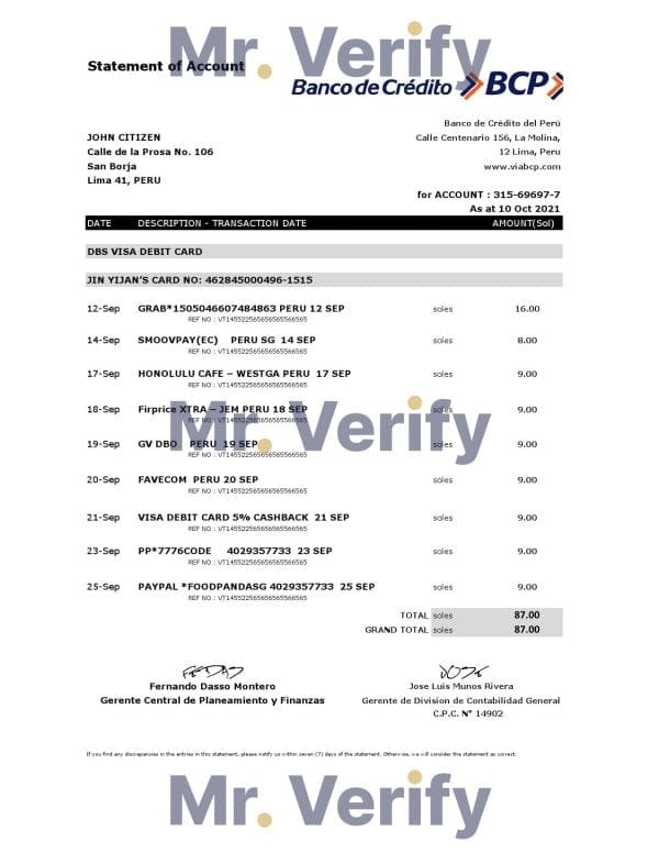 Peru Banco de Credito del Peru (BCP) bank statement easy to fill template in Excel and PDF format