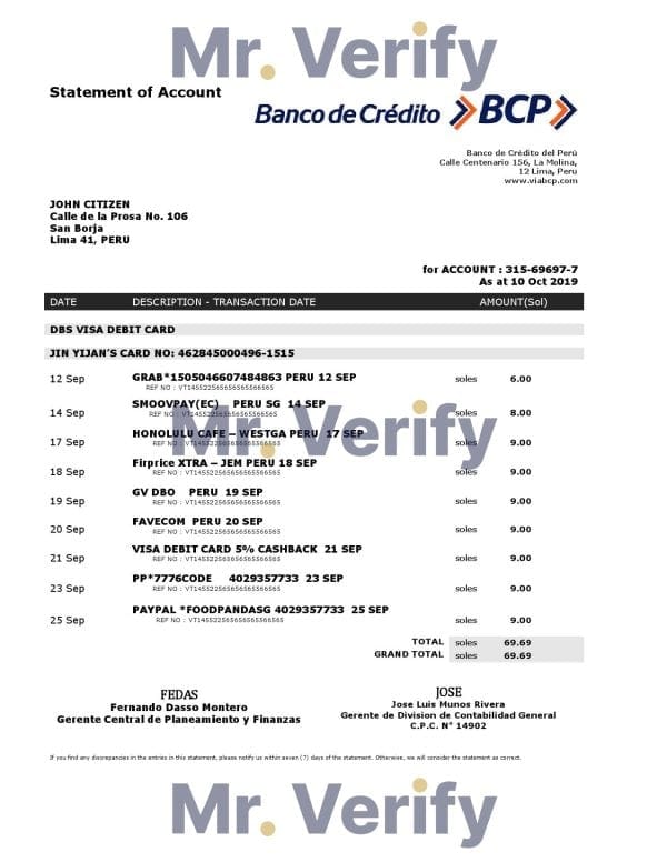 Peru Banco de Credito del Peru (BCP) proof of address bank statement template in Word and PDF format