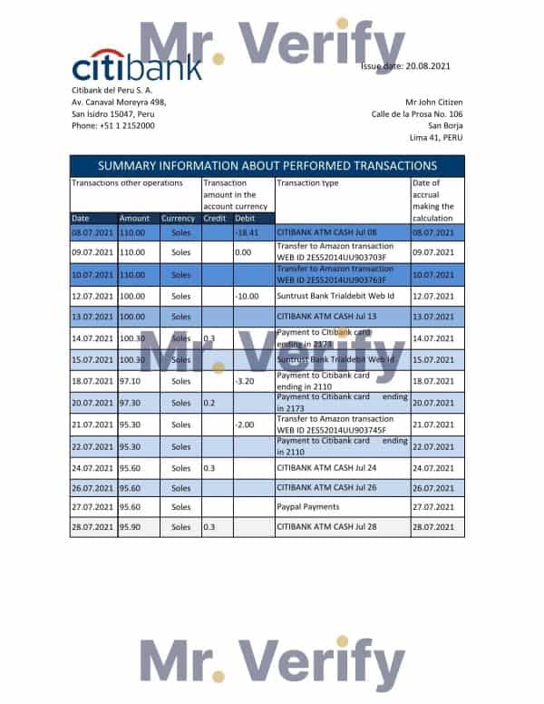 Peru Citibank bank statement easy to fill template in .xls and .pdf file format