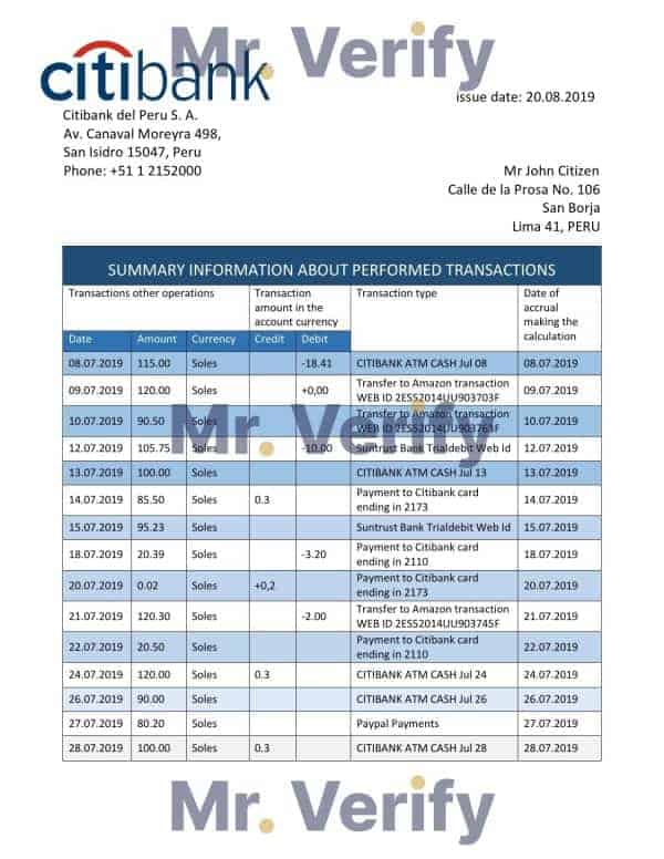 Peru Citibank bank statement easy to fill template in Word and PDF format