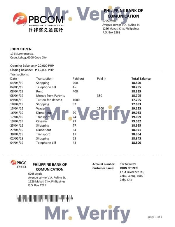 Philippines Bank of Communications proof of address bank statement template in Word and PDF format