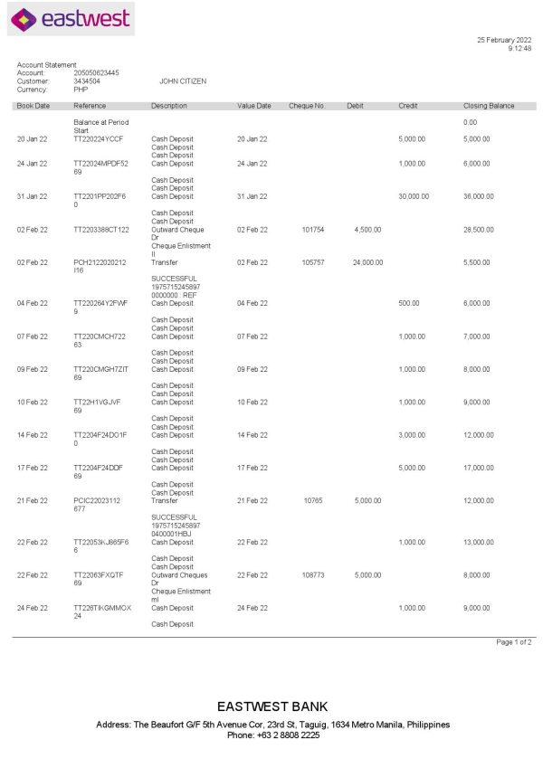 Philippines EastWest bank statement template in Word and PDF format