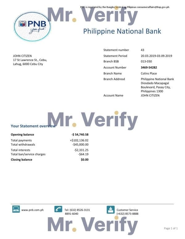 Philippines National Bank (PNB) proof of address bank statement template in Word and PDF format