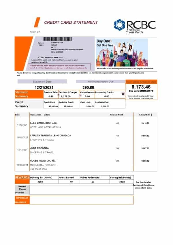Philippines Rizal Commercial Banking Corporation (RCBC) credit card statement template in .xls and .pdf file format
