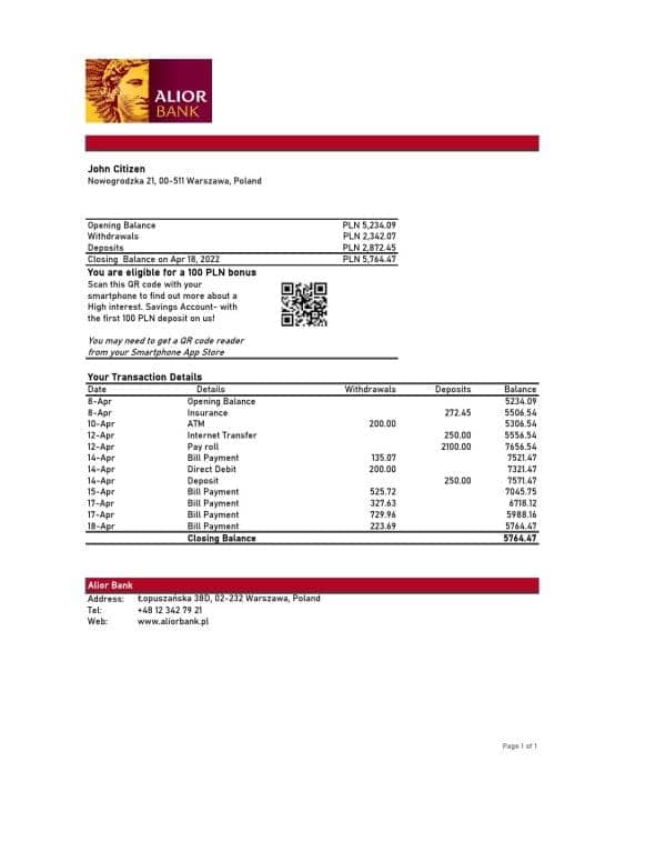 Poland Alior bank statement Excel and PDF template