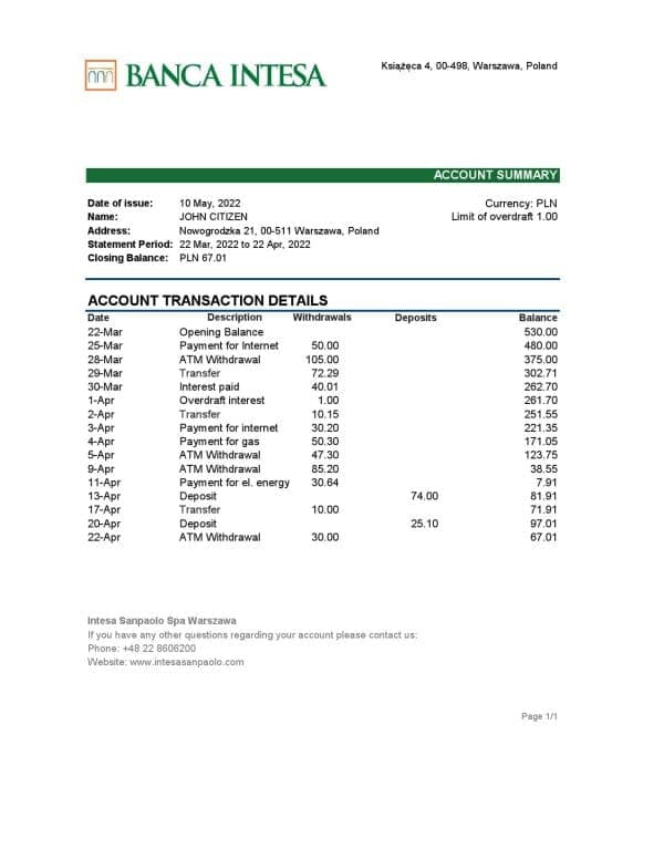 Poland Banca Intesa bank statement Excel and PDF template