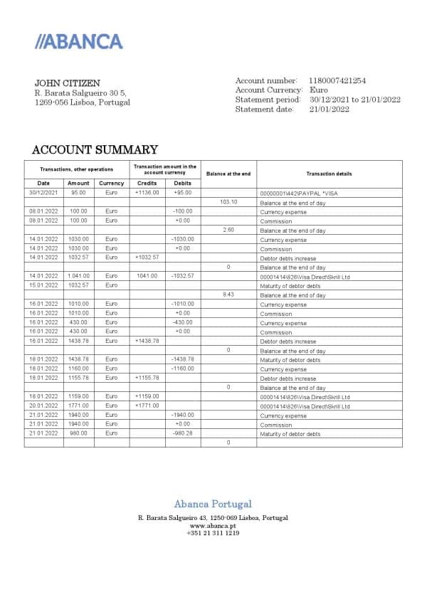 Portugal Abanca bank statement in Word and PDF format