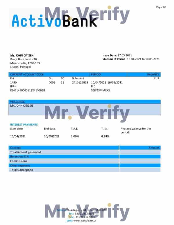 Portugal Activobank S.A. bank statement in Word and PDF format