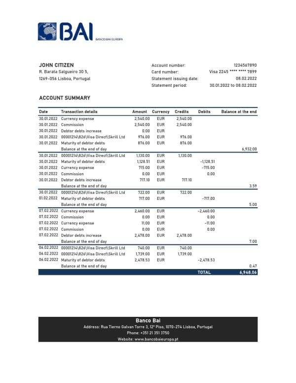 Portugal Banco BAI Europa bank statement Excel and PDF template