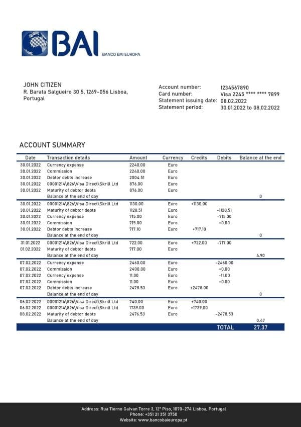 Portugal Banco BAI Europa bank statement in Word and PDF format