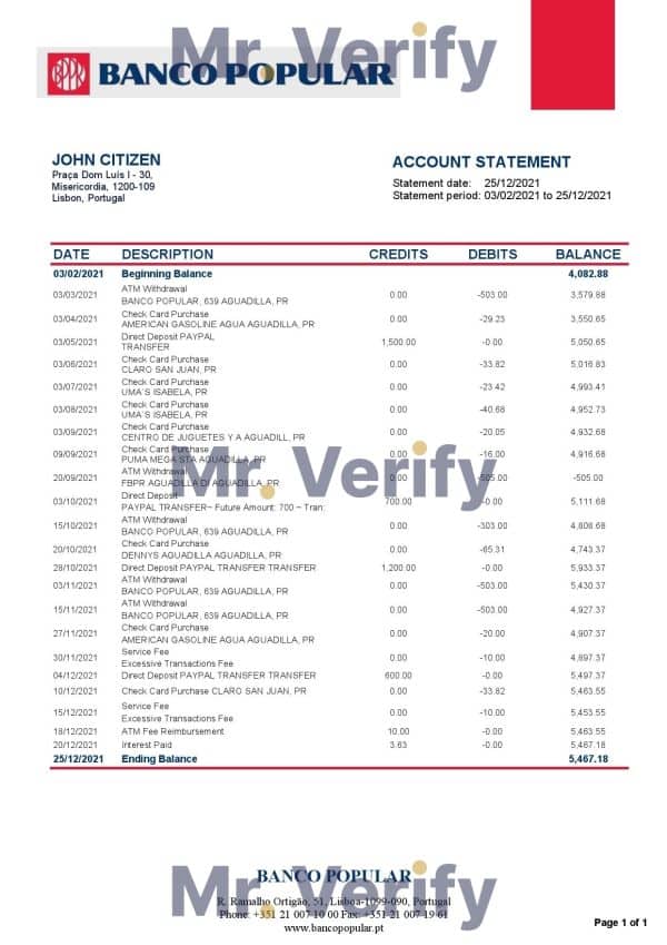 Portugal Banco Popular bank statement in Word and PDF format