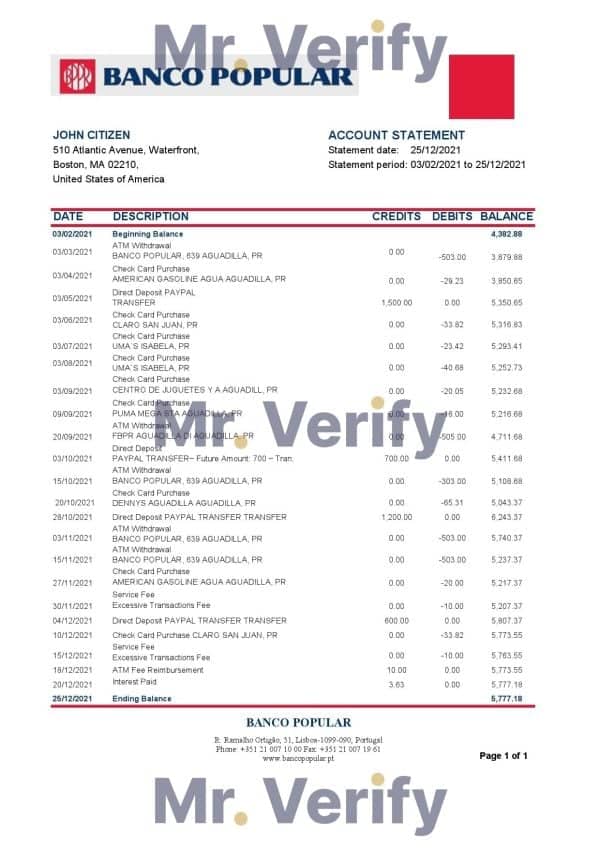 Portugal Banco Popular bank statement template in Excel and PDF format, .xls and .pdf format