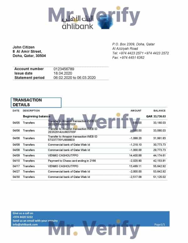 Qatar Ahlibank proof of address bank statement template in Word and PDF format, .doc and .pdf format