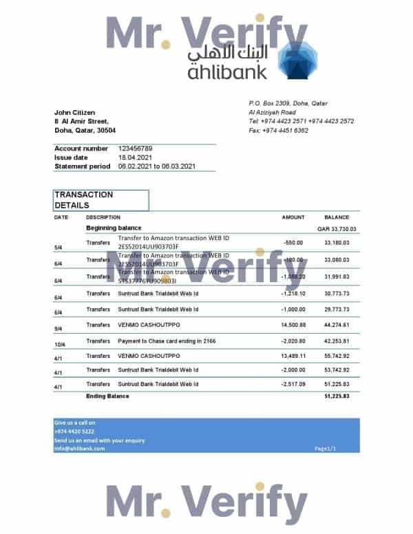 Qatar Ahlibank statement easy to fill template in Excel and PDF format