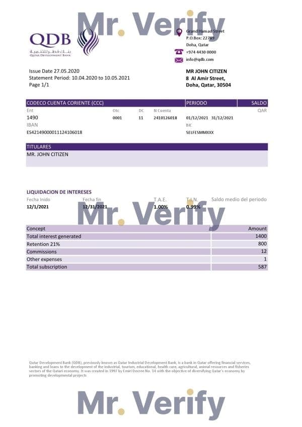 Qatar Development Bank statement template, Excel and PDF format (.xls and .pdf)