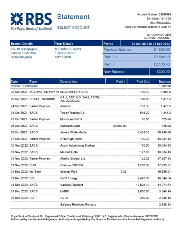 United Kingdom Royal Bank of Scotland (RBS) bank statement, Word and PDF template