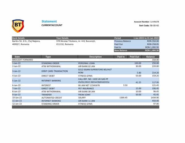 Romania Banca Transilvania bank statement, Excel and PDF template