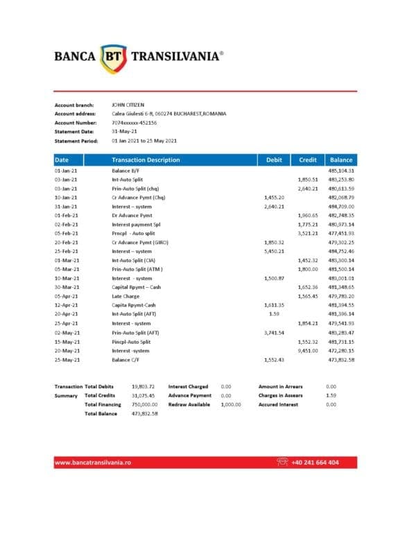 Romania Banca Transilvania bank statement easy to fill template in .xls and .pdf file format
