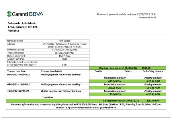 Romania Garanti BBVA bank proof of address statement template in Word and PDF format