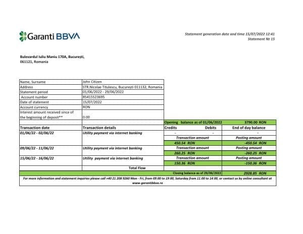 Romania Garanti BBVA bank statement, Excel and PDF template