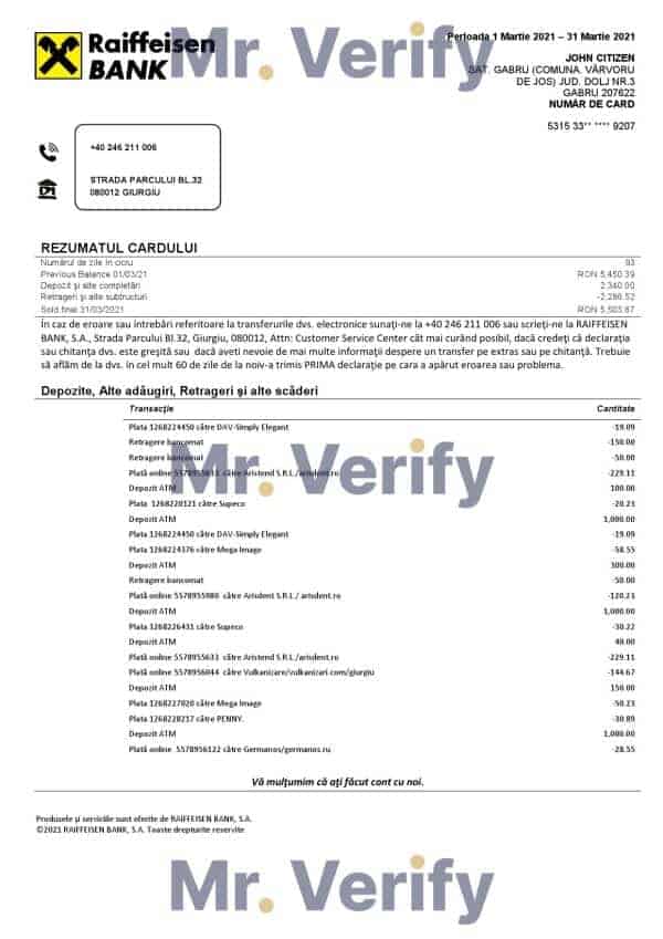 Romania Raiffeisen bank statement template in Word and PDF format (in Romanian language)