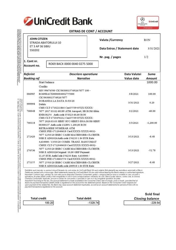 Romania UniCredit Bank statement template in Excel and PDF format (2 pages) in Romanian and English languages