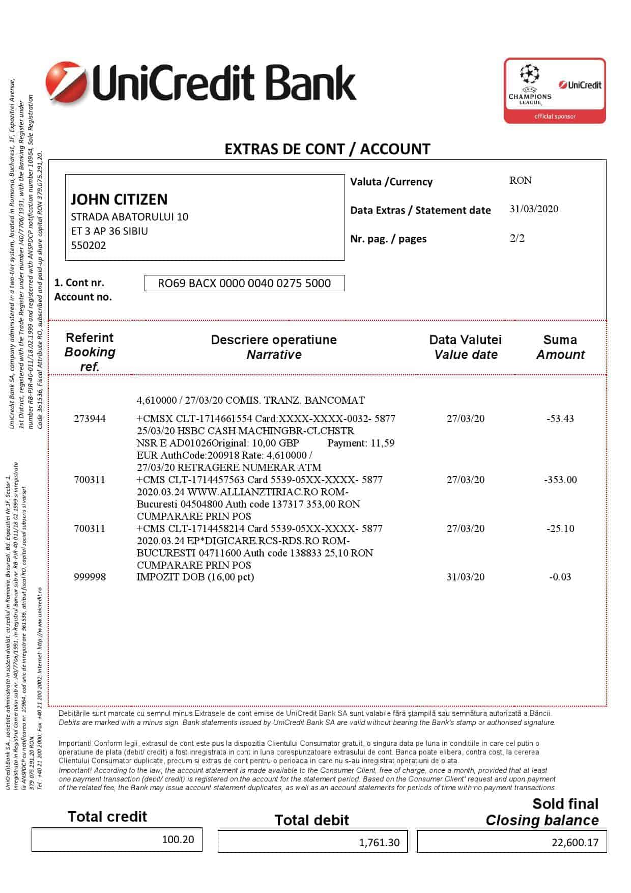Romania-UniCredit-Bank-statement-template-in-Word-and-PDF-format-2-pages-in-Romanian-and-English-languages-2.jpg Romania UniCredit Bank statement template in Word and PDF format (2 pages) in Romanian and English languages - Image 2