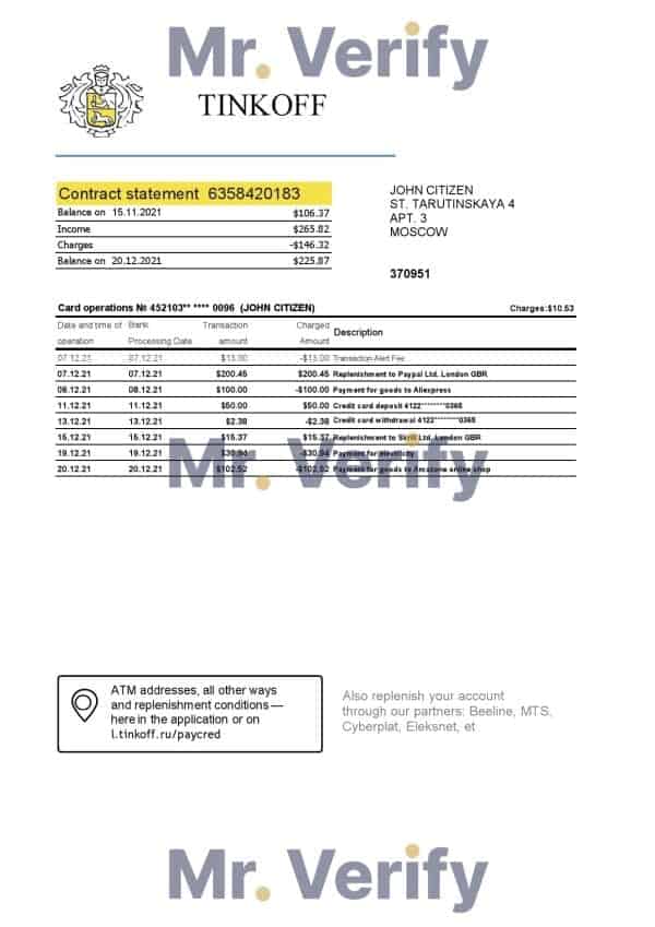 Russia Tinkoff bank proof of address statement (English version) template in Excel and PDF format