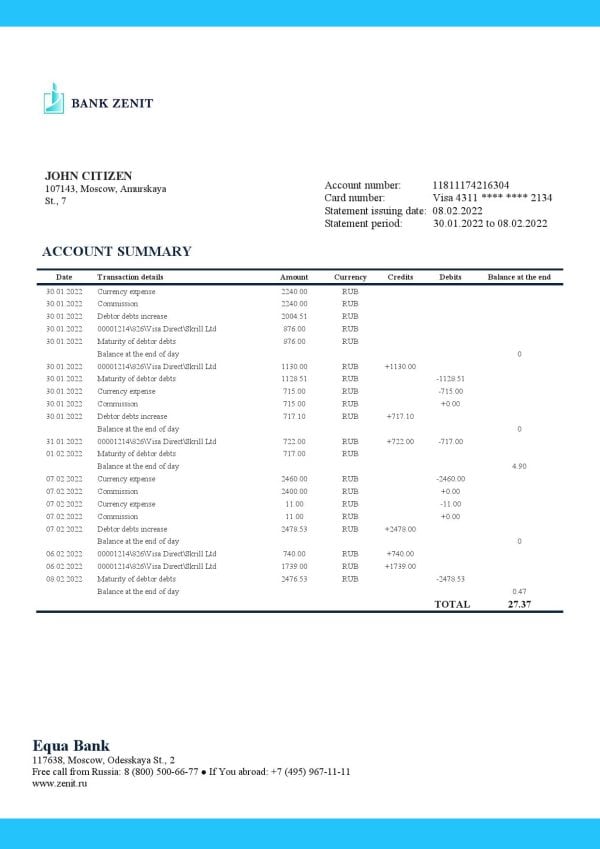 Russia Zenit Bank bank proof of address statement template in Word and PDF format