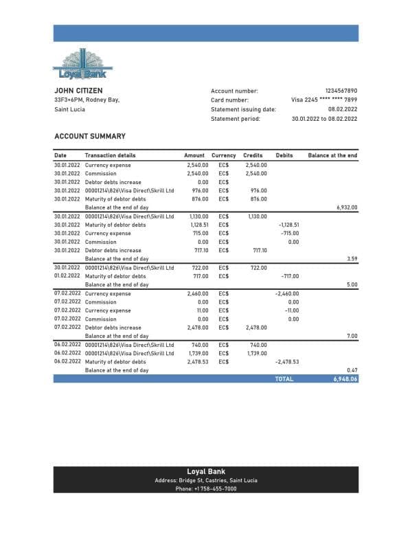 Saint Lucia Loyal bank statement, Excel and PDF template