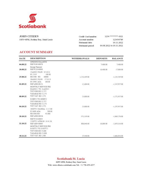 Saint Lucia Scotiabank bank statement, Excel and PDF template