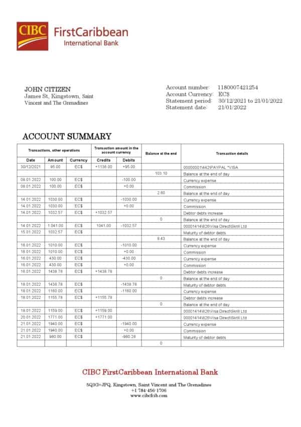 Saint Vincent and The Grenadines First Caribbean International Bank statement template in Word and PDF format