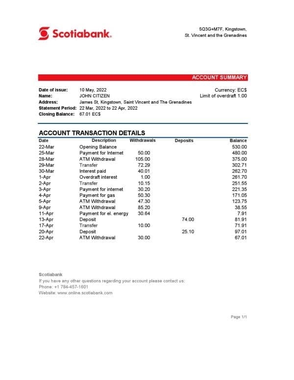 Saint Vincent and The Grenadines Scotiabank bank statement, Excel and PDF template
