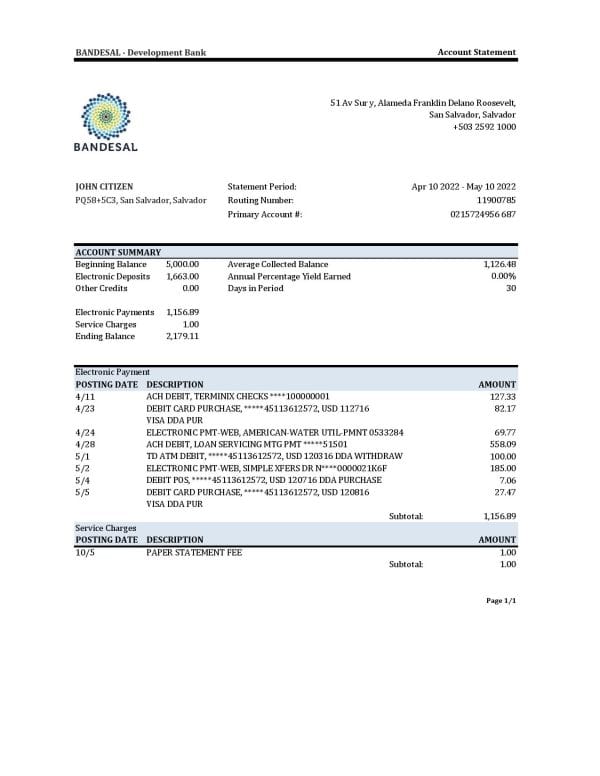 Salvador Bandesal bank statement, Excel and PDF template
