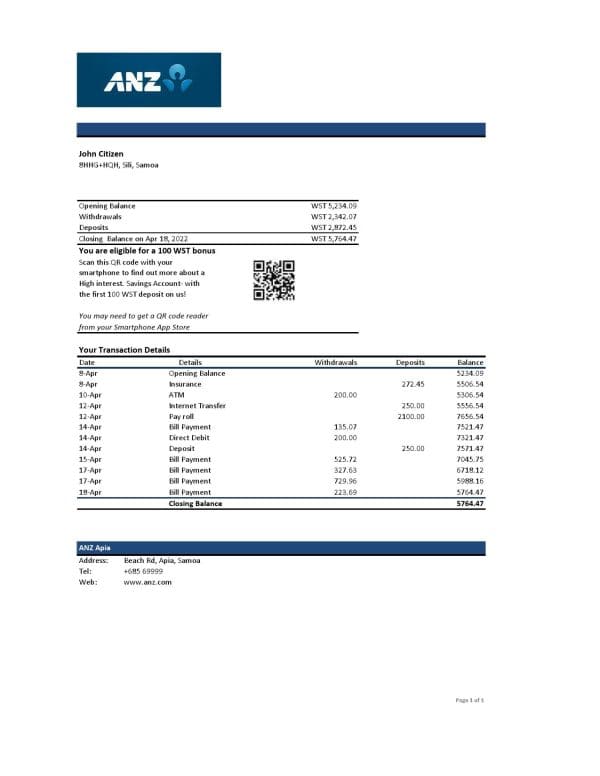 Samoa ANZ bank statement, Excel and PDF template