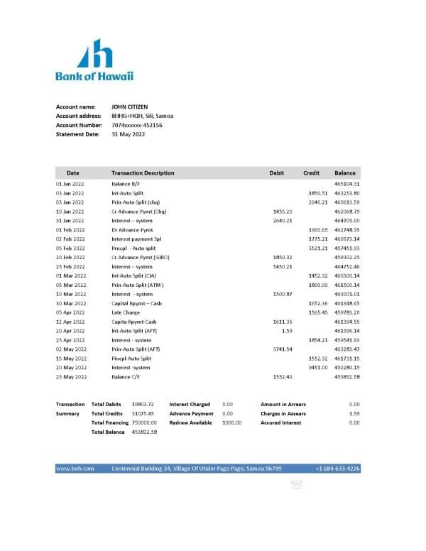 Samoa Bank of Hawaii bank statement, Excel and PDF template