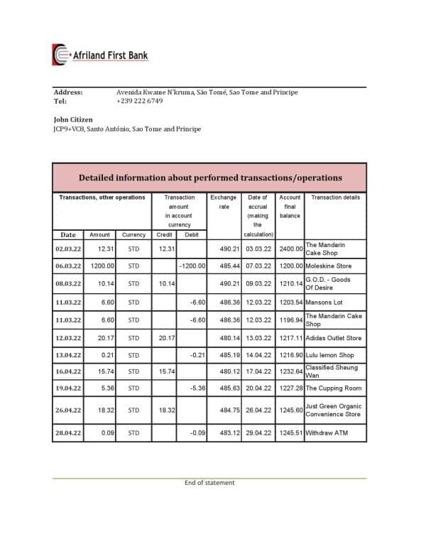 Sao Tome and Principe Afriland First bank statement, Excel and PDF template