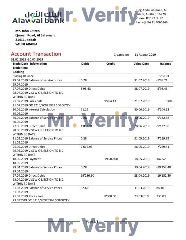 Saudi Arabia Alawwal Bank statement template in Word and PDF format, good for address prove