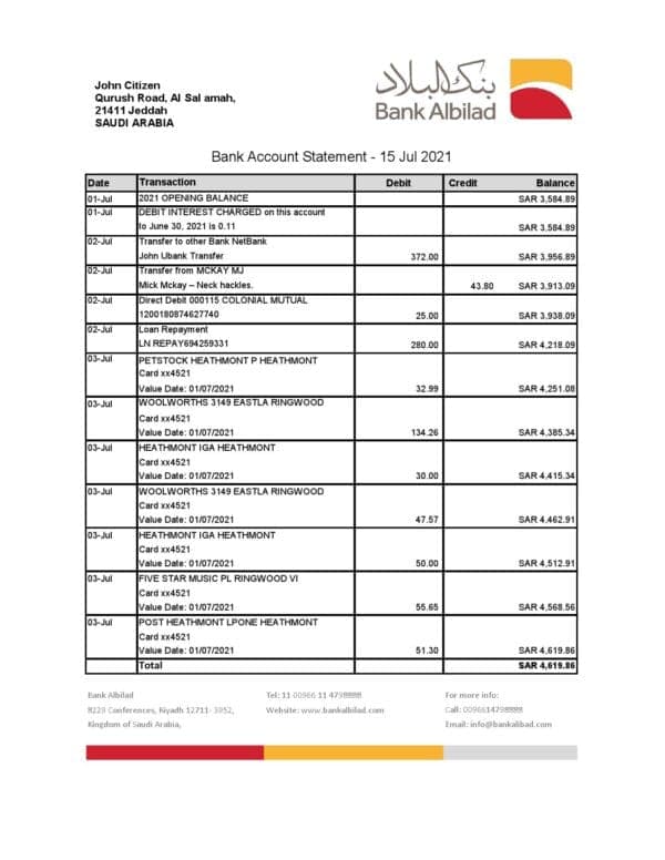 Saudi Arabia Bank Albilad bank statement easy to fill template in Excel and PDF format