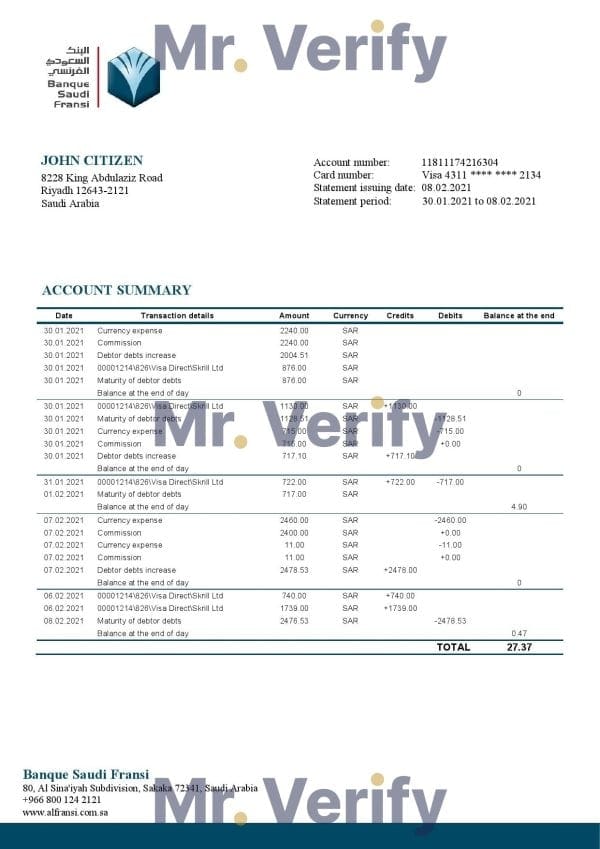 Saudi Arabia Banque Saudi Fransi bank statement template in Word and PDF format, good for address prove