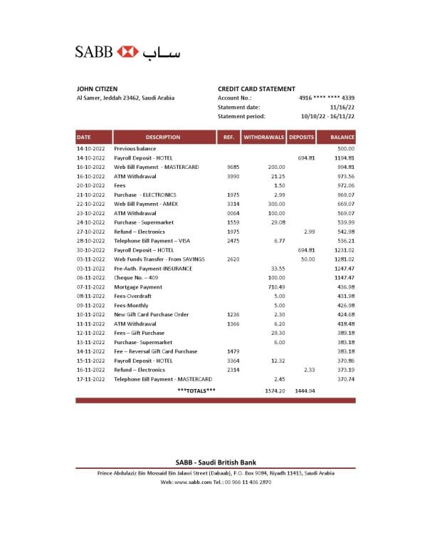 Saudi Arabia SABB bank statement, Excel and PDF template