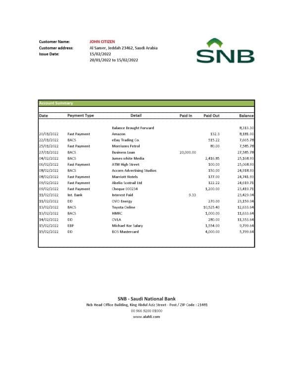 Saudi Arabia SNB bank statement, Excel and PDF template